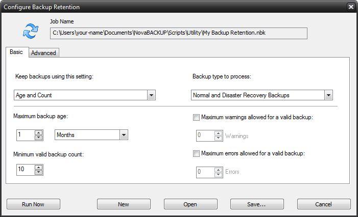 Backup Retention Basic Tab Keep backups using this setting: Age Keep backups for a specified minimum amount of time. Count Keep a specified minimum number of backups.