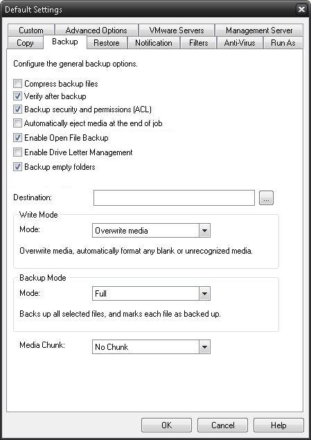 Compress backup files The backup files are compressed to save space. Backup speed is decreased when this option is selected. This setting is unselected by default.