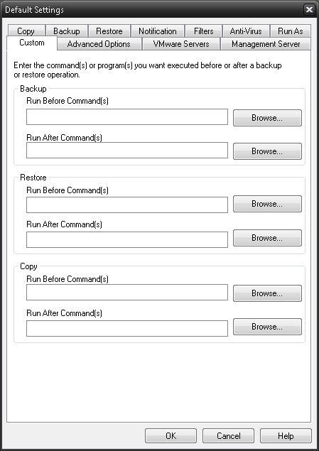 Custom Tab This feature enables a command to run before or after a backup, restore or copy job To select which program or command you would like to run before or after those operations, simply browse