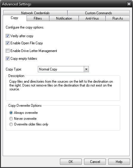 Job Settings Copy Job Settings Copy Job Options Verify after copy The files that are copied will be verified to make