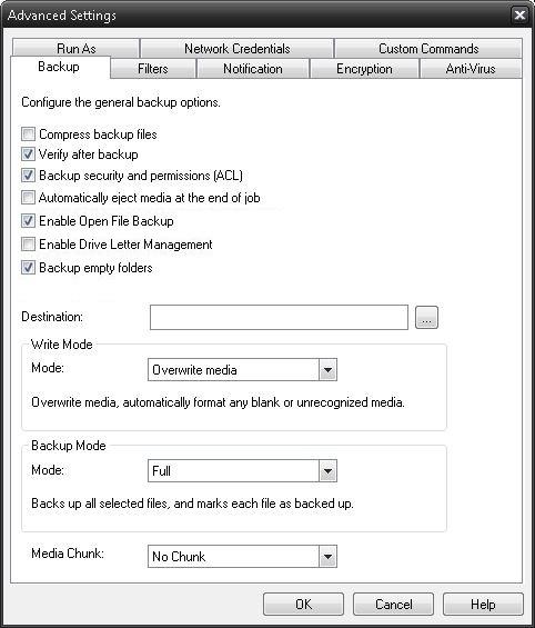 Backup Job Settings Backup Job Options Compress backup files The backup files are compressed to save space. Backup speed is decreased when this option is selected.