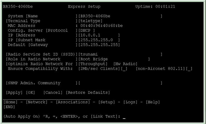 11. After the bridge reboots and the Express Setup screen appears, reconfigure the bridge by using the terminal emulator or an Internet browser Note: The :resetall command is valid for only two