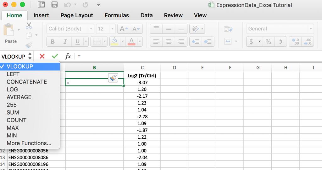 Last updated: May, 2017 Open both worksheets in Excel. o In the ExpressionData file, insert a column between columns 1 and 2. o In the second row of column 2 (cell B2), type and = sign.
