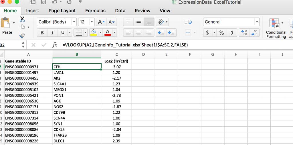 If A2 in the ExpressionData worksheet matches A2 in GeneInfo worksheet, then the value from column 2 of GeneInfo will be entered into cell B2 of ExpressionData.