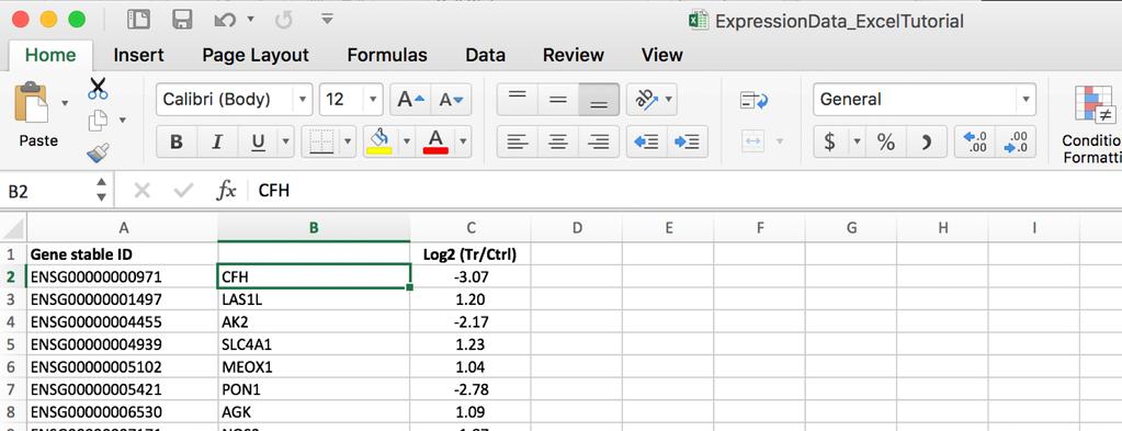 At this point, the data in column 2 is still linked to the GeneInfo worksheet.