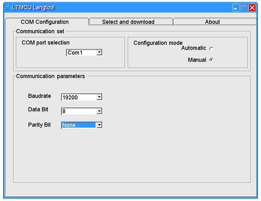 Configuring LTMCU Langtool The procedure below describes how to configure LTMCU Langtool. Step Action 1 Select the COM Configuration tab.
