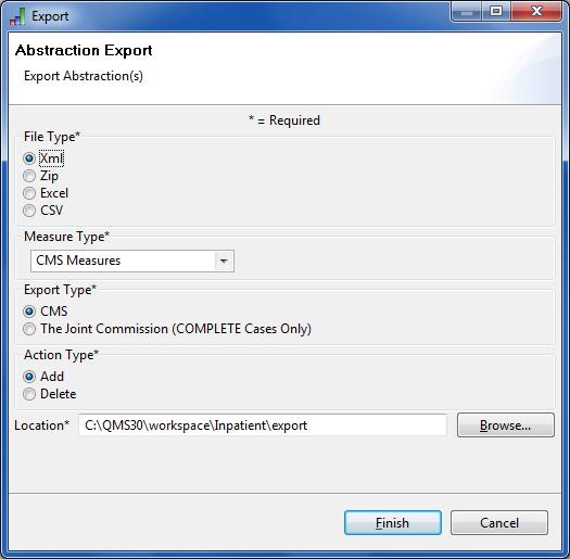 You will now be prompted by this dialog box. The default selections for File Type, Export Type, and Action Type are displayed and you will not need to change the values indicated below.