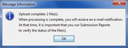 You should briefly see a Registering window while it uploads the files, like this: and then a message like this: You can hit OK and wait for the files to be processed by Qualitynet.