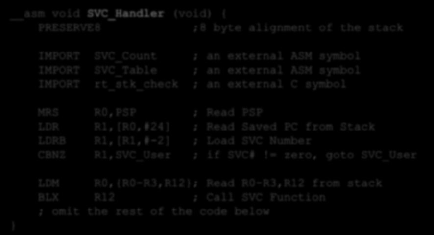 ; an external ASM symbol IMPORT rt_stk_check ; an external C symbol MRS R0,PSP ; Read PSP LDR R1,[R0,#24] ; Read Saved PC from Stack