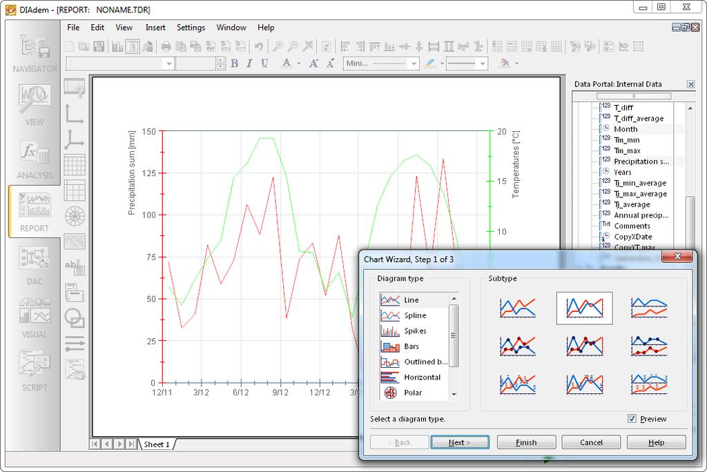 Chapter 5 Creating Reports 5. Click the diagram type Line, and then click the subtype Lines with Several Y-Axes. Figure 5-1. The Chart Wizard Displays the Preview in the Worksheet 6.