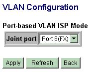 4.6.2 Port-based VLAN ISP Mode Configuration Joint port [Apply] [Refresh] [Back] Description Select a port as the joint port for all 5 port-based VLAN groups Click to apply the configuration change