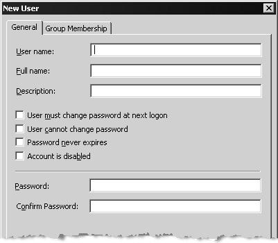 The New User dialog box opens and displays the General tab. In the User name box, type OPER. 9. In Full name, type Operator. 10.