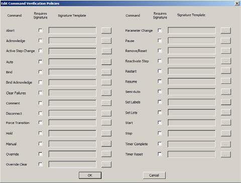 Chapter 4 FactoryTalk Batch Equipment Editor introduction To use signature templates: 1. Select Command Policies from the Edit menu. The Edit Command Verification Policies dialog box opens. 2.