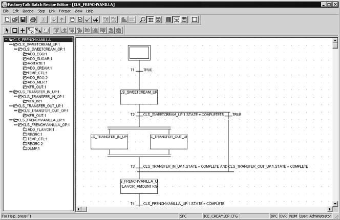 Chapter 5 FactoryTalk Batch Recipe Editor introduction Important: All loops and transitions must branch to the right side of the sequential function chart as shown. 5. Select and drag the pointer from the TRUE transition to the last step of the unit procedure (CLS_FRENCHVANILLA_UP:1).