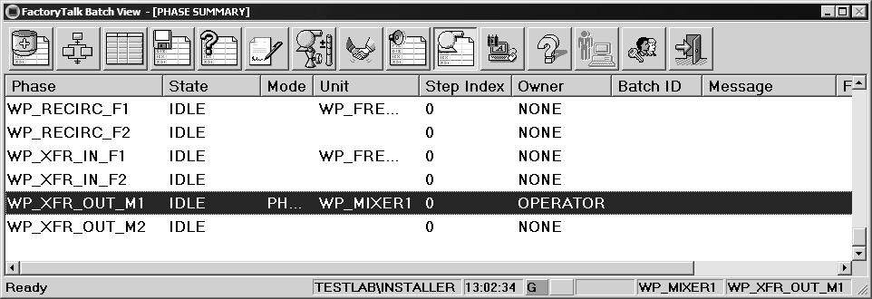 FactoryTalk Batch View introduction Chapter 6 9. Scroll down and notice that the WP_XFR_OUT_M1 phase is owned by the Operator. 10. Select the Arbitration button.