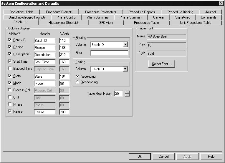 FactoryTalk Batch View introduction Chapter 6 2. The System Configuration and Defaults dialog box opens to the Batch List tab.