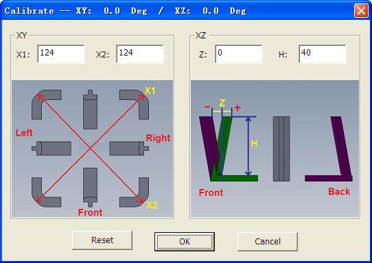 Open the Calibrate dialog from the 3D Print menu. Measure the X1 and X2 length, as shown in the pictures below.