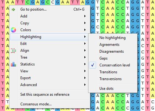 Highlighting Alignment To apply an alignment highlighting mode, select it in the Highlighting context menu: or on the