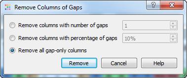 There are the following options: Remove columns with number of gaps removes columns with number of gaps greater than or equal to the specified value.