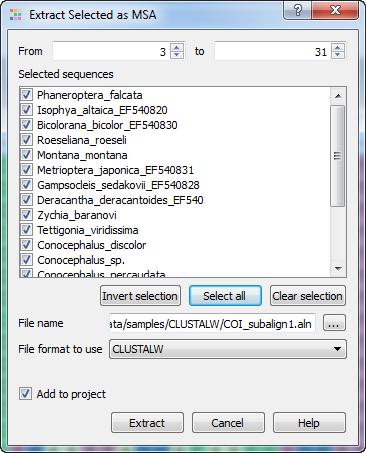 multiple sequence alignment (MSA). Select a subalignment and choose the Export Save subalignment item in the Actions main menu or in the context menu.
