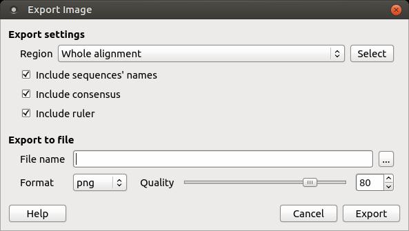 Exporting Sequence from Alignment To export one sequence from an alignment select the sequence in the sequence list or in the sequence area and use the Export->Save sequence context menu item.