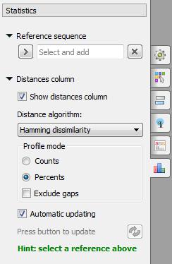 Here you need to select a reference sequence. You can show/hide distance column by Show distances column checkbox. Also you can change the distance algorithm, select the profile mode and exclude gaps.
