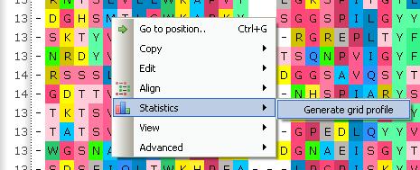 Open a sequence alignment in the Alignment Editor and use the Statistics Generate grid profile context menu item.