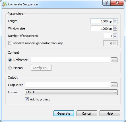 To generate a random DNA sequence select the Tools->Generate sequence