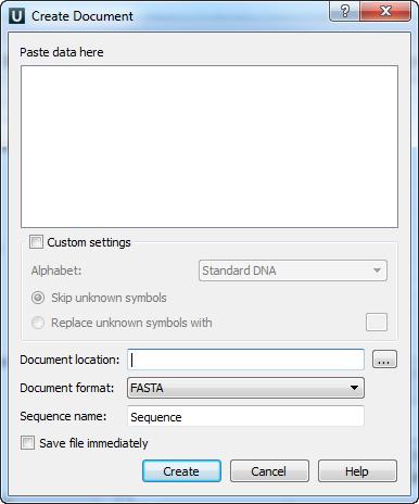 Creating Document To create a new sequence file from text, select the File New document from text main menu item: The Create