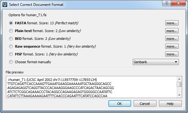 UGENE automatically detects the format of the document, but if you use the advanced dialog you can choose the format manually.