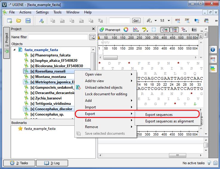 The Export Selected Sequences dialog will appear: Here you can select the location of the result file and a sequence file format.