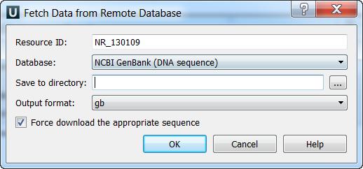 To fetch data select the File Access remote database... item in the main menu. The dialog will appear: Here you need to enter unique id of the biological object and choose a database.