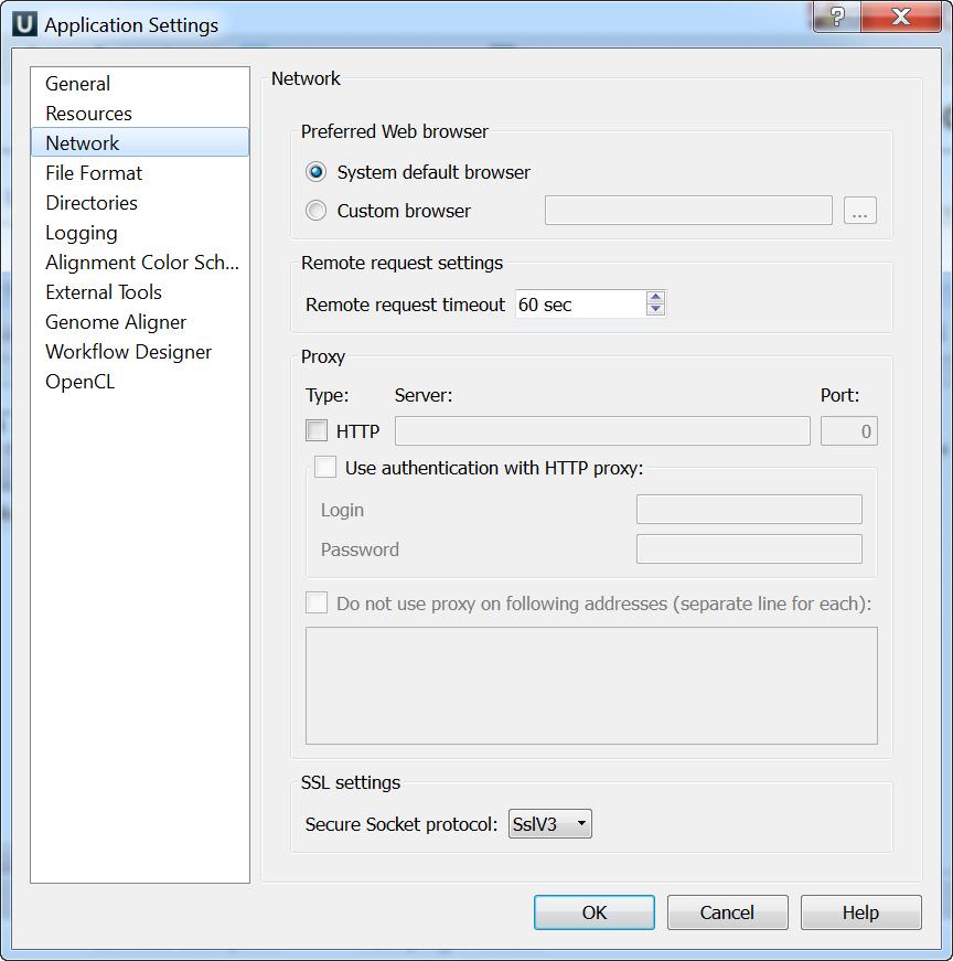On the Network settings tab of the dialog you can specify Proxy server parameters, select SSL settings and configure the