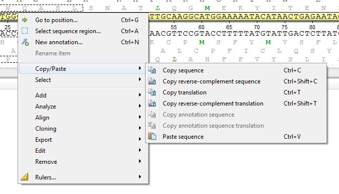 Click Select >Sequence between selected annotations in the context menu of the Sequence View.