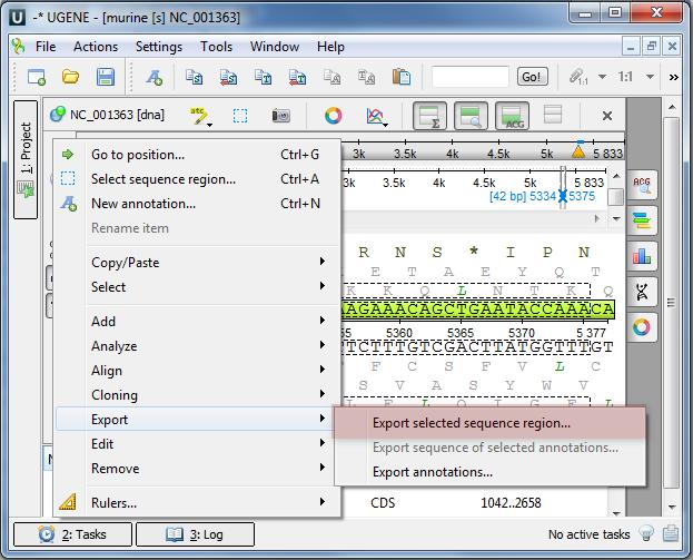 The Export Selected Sequence Region dialog will appear which is similar to the Export Selected Sequences dialog described here.