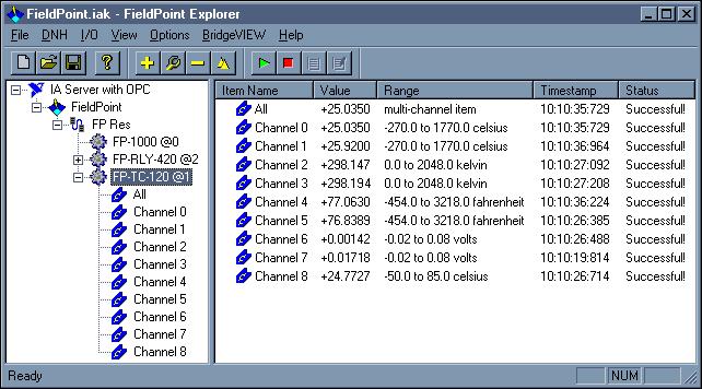 Chapter 4 Installing and Using the FieldPoint Software Figure 4-1 shows the parts of the FieldPoint Explorer window.