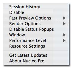 Control Menu Right clicking (clicking on Mac OS X) on the Nucleo Pro Status icon presents you with a control menu that provides the following selections: View the Nucleo Pro Session History Enable