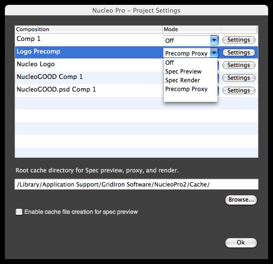 Nucleo Pro Project Settings Window Enabling and Disabling Pre-composition Proxy To activate the Pre-composition Proxy feature you select the Nucleo Pro Precomp Proxy option from the After Effects