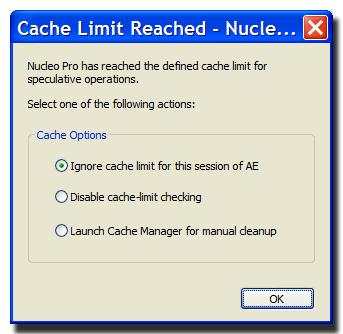 Maximum Cache Size By default Nucleo Pro limits the amount of disk cache data to 20 gigabytes (20,000 megabytes).