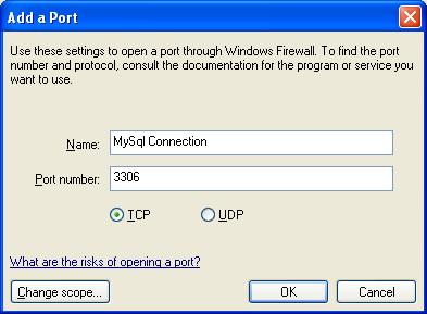 5. Also ensure that the TCP protocol radio button is selected. 6. If you wish, you can also limit access to the MySQL server by choosing the Change scope button. 7.