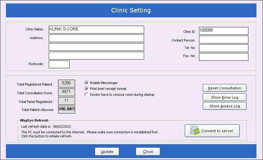 Configure Clinic Parameters 1. Start C-MagSys application and login using admin user id. You can only use this id to enable you to modify the fields in this screen. 2. Click on Admin menu. 3.