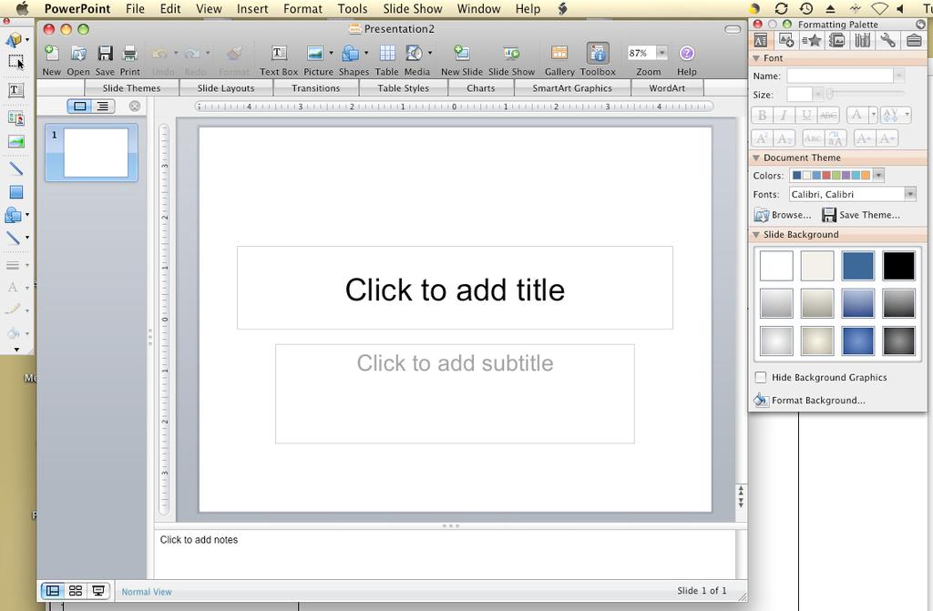 Starting Powerpoint 2008 () When you launch Powerpoint 2008, you are also presented with the first slide, in the Title layout, of a blank presentation, in the Normal view.