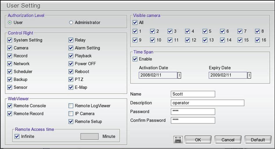 User Setting User setting allows user to set up to 32 users