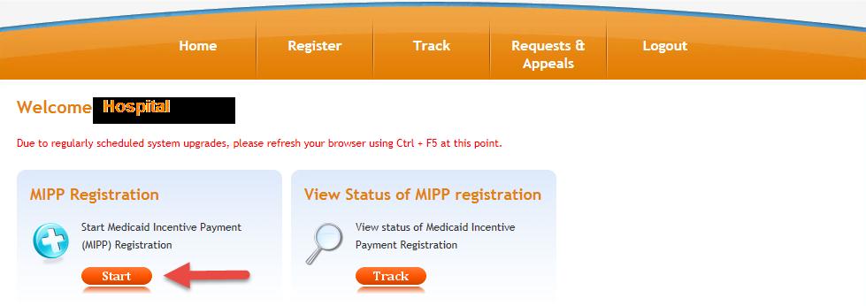 Once logged in, you will see the main CHAMPS screen. Click on the External Links drop-down list at the top right corner on the screen and select EHR MIPP.