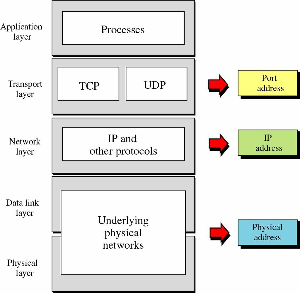 Relationship of layers and addresses in TCP/IP 2-byte port address identifies sending and receiving processes 4-byte universally unique IP address