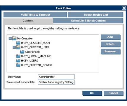 7. Drag and drop this template on the device in the Device Tree from which you want to get registry settings.