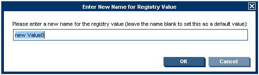 Action Type Value Name Indicates the action to be applied to the registry table: add or delete a key. Click in the field to change the current setting. Indicates the type of registry key value.