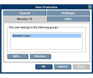 2. Select the Member Of tab. Figure 9-3 User Properties dialog Member Of 3. Click Add to add the user to a new group, or Delete to remove the user from the selected group.