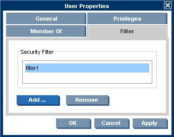 2. Select the Filter tab. Figure 9-5 User Properties dialog Filter 3.