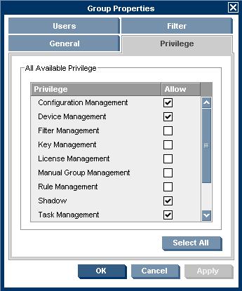 3. Select the Privileges tab. Figure 9-7 Group Properties dialog Privilege 4. Select the permissions you wish to assign to the group. 5. Click OK to finish.